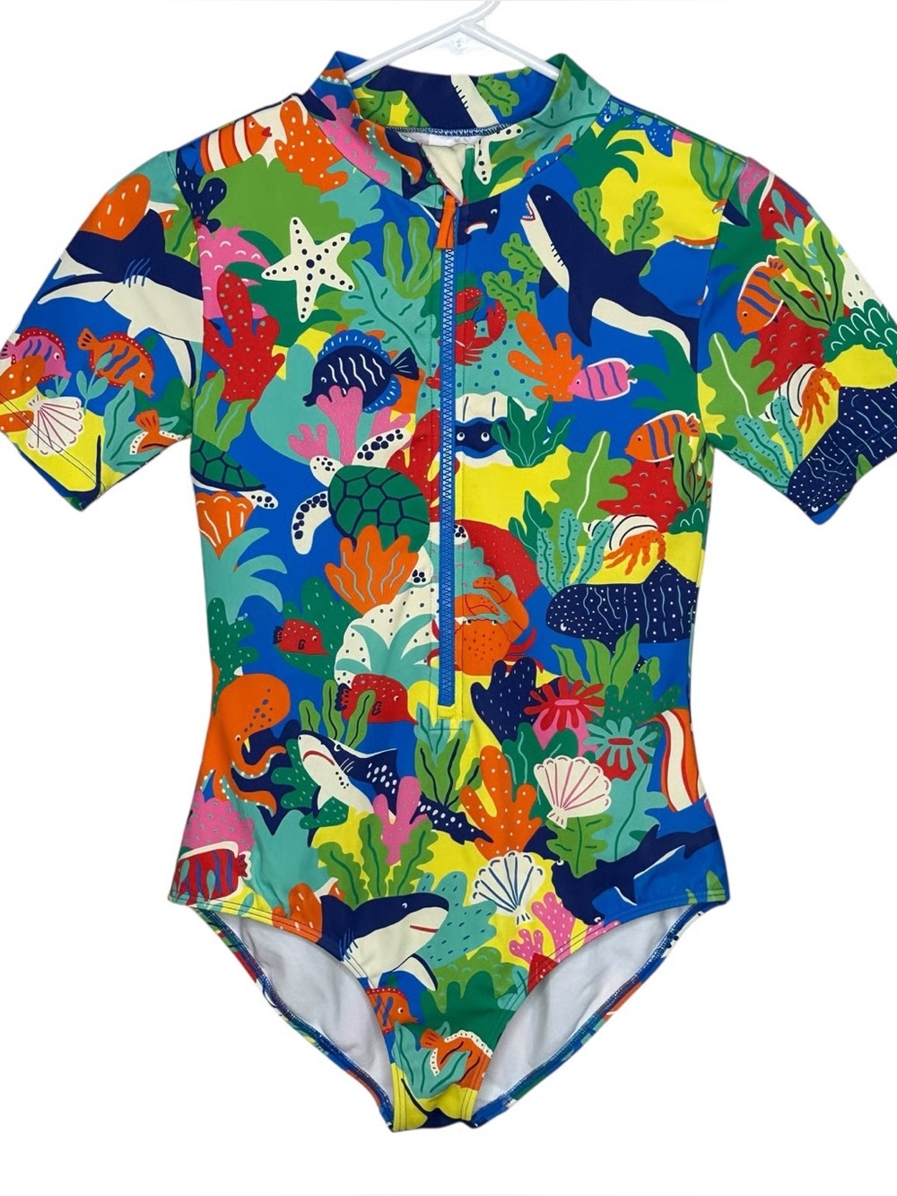 Mini Boden Short Sleeve One Piece Swimsuit Under the Sea Blue Orange Yellow 7-8Y